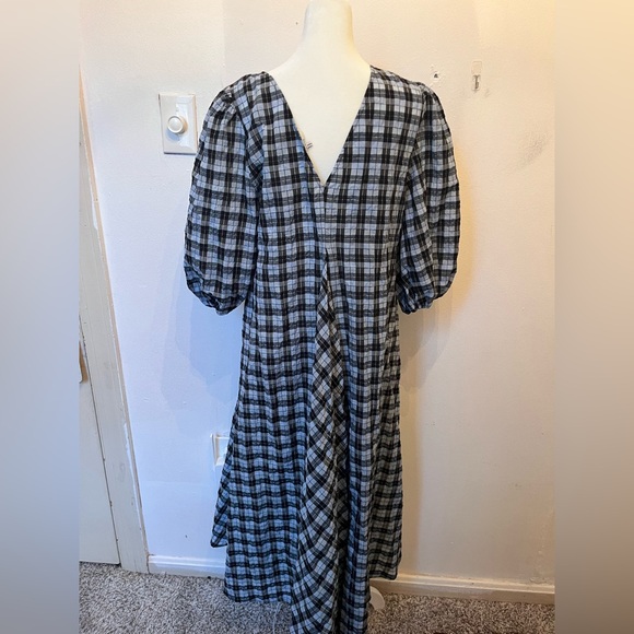 Ganni Seersucker Checkered Maxi Dress Blue/White Size 10 - Picture 4 of 6